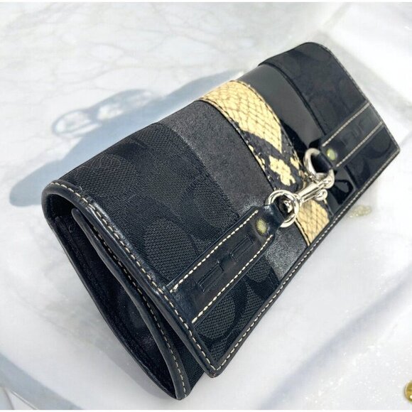 COACH Signature Large Wallet Black Canvas & Leather Beige Snakeskin Stripe - Picture 3 of 14